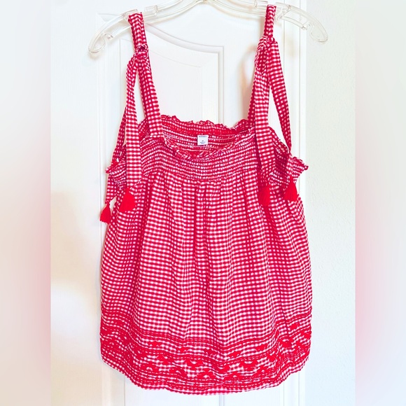 Old Navy Tops - Old Navy NWOT Smocked Sleeveless Gingham Red Top Ties & Crochet Detail Medium M
